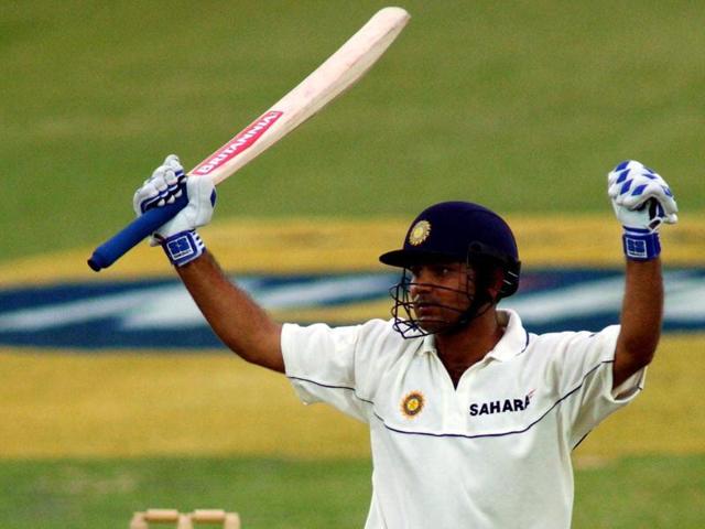 Sehwag celebrates scoring a century on debut during the first Test match between South Africa and India in Bloemfontein, South Africa, in November 2001. (Getty Images) 