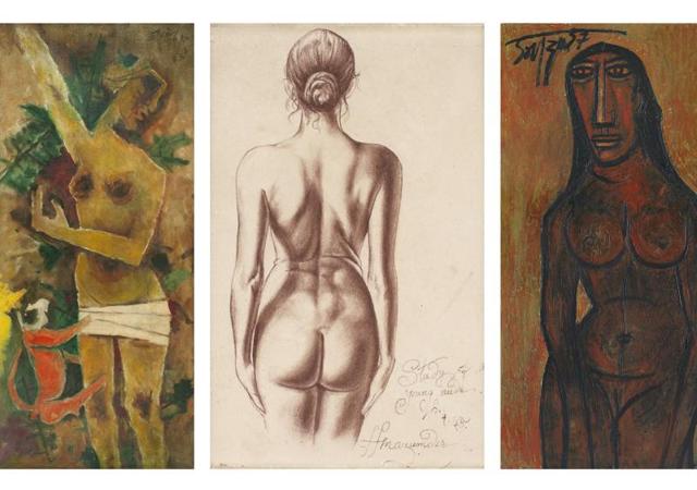 Untitled (1971), MF Husain, oil on canvas; Study of a Young Nude (1945), Hemen Mazumdar, Conte on paper; Temple Dancer (1957), FN Souza, Oil on masonite board (Photo: DAG Modern) Untitled (1971), MF Husain, oil on canvas; Study of a Young Nude (1945), Hemen Mazumdar, Conte on paper; Temple Dancer (1957), FN Souza, Oil on masonite board (Photo: DAG Modern)