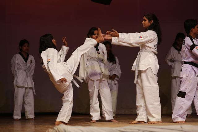 The youngsters also participated in a self-defense demonstration. (Prabhas Roy/HT Photo)