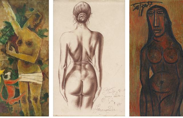 Untitled (1971), MF Husain, oil on canvas; Study of a Young Nude (1945), Hemen Mazumdar, Conte on paper; Temple Dancer (1957), FN Souza, Oil on masonite board (Photo: DAG Modern) Untitled (1971), MF Husain, oil on canvas; Study of a Young Nude (1945), Hemen Mazumdar, Conte on paper; Temple Dancer (1957), FN Souza, Oil on masonite board (Photo: DAG Modern)