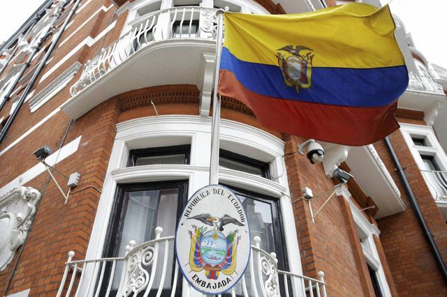 The Ecuadorian national flag flies outside their London embassy. (AP Photo) The Ecuadorian national flag flies outside their London embassy. (AP Photo)