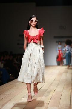 A model showcases the creation of designers Hemant &amp; Nandita. (AMAL KS/HINDUSTAN TIMES)