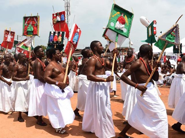 Okaiben family performs Ekassa dance during the coronation ceremony. It was the Portuguese who first coined the phrase Benin City for the kingdom’s administrative centre, the city of Ubinu, which would later be adopted by the Edo people as well. (AFP) Okaiben family performs Ekassa dance during the coronation ceremony. It was the Portuguese who first coined the phrase Benin City for the kingdom’s administrative centre, the city of Ubinu, which would later be adopted by the Edo people as well. (AFP)