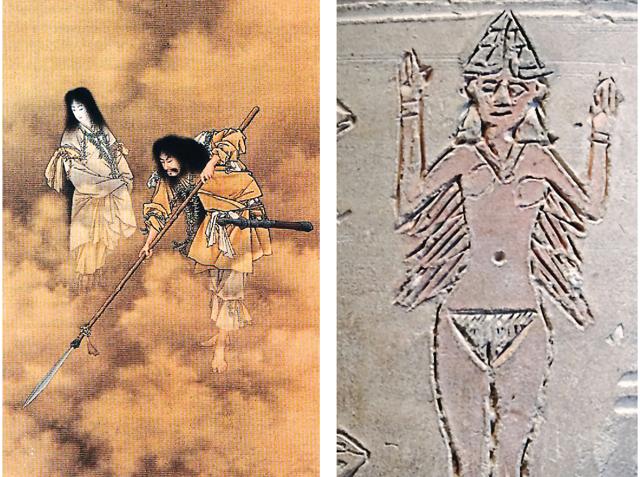 (From left to right) Izanami and Izanagi churning out islands from the sea; Inanna depicted on the Ishtar Vase at The Louvre Museum in Paris, France. (From left to right) Izanami and Izanagi churning out islands from the sea; Inanna depicted on the Ishtar Vase at The Louvre Museum in Paris, France.
