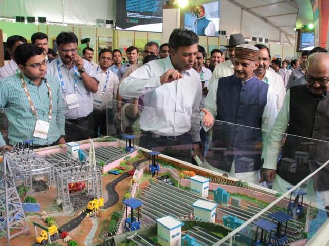 Finance minister Jayant Malaiya (extreme right) and state industry minister Rajendra Shukla (second from right) inspect the exhibition ahead of Global Investors Summit in Indore on Friday. (Shankar Mourya/HT photo) Finance minister Jayant Malaiya (extreme right) and state industry minister Rajendra Shukla (second from right) inspect the exhibition ahead of Global Investors Summit in Indore on Friday. (Shankar Mourya/HT photo)