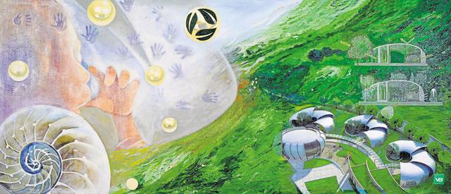 The painting of a child in its mother’s womb juxtaposed with modern pod-like structures. (Vidur Bharadwaj)