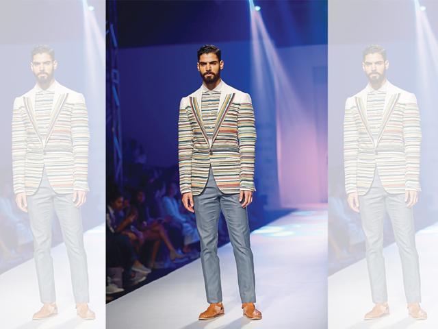 Dhruv Vaish’s rainbow-striped ensemble (Waseem Gashroo) Dhruv Vaish’s rainbow-striped ensemble (Waseem Gashroo)