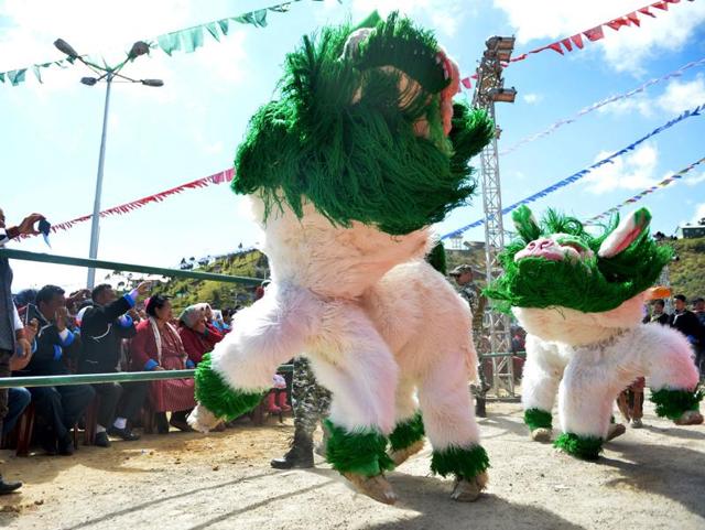 The inhabitants of Tawang are called Monpas. Men do the snow lion dance during the festival. (AFP)