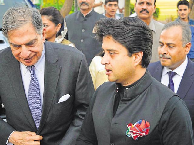 Congress MP Jyotiraditya Scindia accompanies Ratan Tata at The Scindia School, Gwalior, on Friday. (Umesh Singh) Congress MP Jyotiraditya Scindia accompanies Ratan Tata at The Scindia School, Gwalior, on Friday. (Umesh Singh)