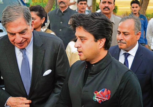 Bhopal, India- 21 Oct. 2016: Congress MP Jyotiraditya Scindia accompanied Ratan Tata at The Scindia School, Gwalior on Friday on the occasion of founders' day function. Tata was accorded a warm welcome, with school students on horse, escorting the guest. Scindia drove the SUV car while Tata was seated next to him on the front. (Photo Umesh Singh) Bhopal, India- 21 Oct. 2016: Congress MP Jyotiraditya Scindia accompanied Ratan Tata at The Scindia School, Gwalior on Friday on the occasion of founders' day function. Tata was accorded a warm welcome, with school students on horse, escorting the guest. Scindia drove the SUV car while Tata was seated next to him on the front. (Photo Umesh Singh)