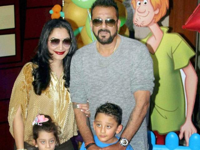 Sanjay Dutt with his wife Manyata and children Iqra and Shahraan in Mumbai. (PTI Photo)