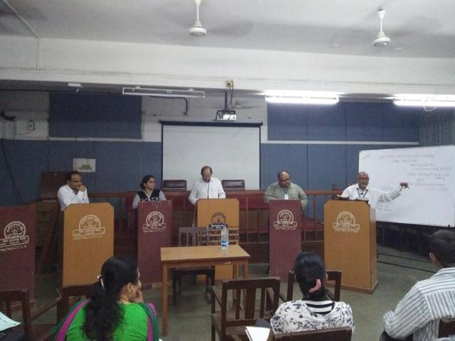 Professors and students of Thane Law College take part in a discussion on personal laws and Uniform Civil Code, on its campus last Friday. (HT PHOTO) Professors and students of Thane Law College take part in a discussion on personal laws and Uniform Civil Code, on its campus last Friday. (HT PHOTO)