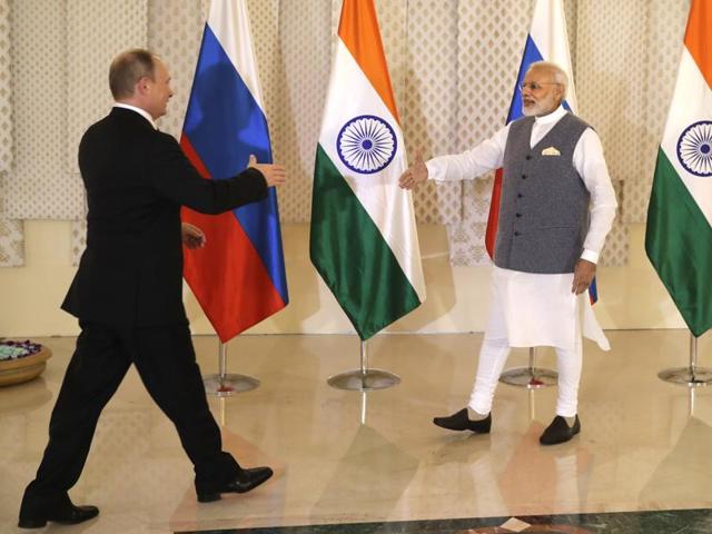 Prime Minister Narendra Modi, right, shakes hand with Russian President Vladimir Putin prior to their annual bilateral meeting, on the sidelines of the BRICS summit on October 15, 2016. (AP) Prime Minister Narendra Modi, right, shakes hand with Russian President Vladimir Putin prior to their annual bilateral meeting, on the sidelines of the BRICS summit on October 15, 2016. (AP)