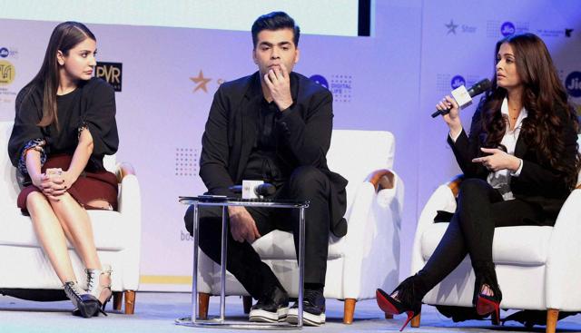Bollywood director Karan Johar and actress Anushka Sharma and Aishwarya Rai Bachchan attend the ‘Jio MAMI 18th Mumbai Film Festival’ in Mumbai. (PTI) Bollywood director Karan Johar and actress Anushka Sharma and Aishwarya Rai Bachchan attend the ‘Jio MAMI 18th Mumbai Film Festival’ in Mumbai. (PTI)