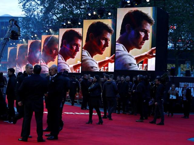 Posters showing actor Tom Cruise on show for the European premiere of the film Jack Reacher: Never Go Back at Leicester Square in London. (REUTERS)