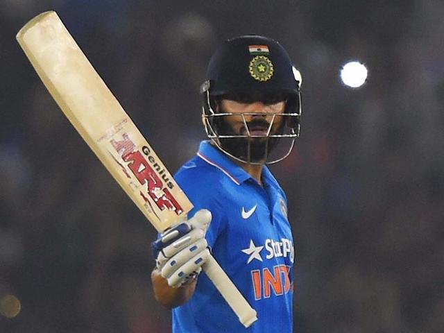 Virat Kohli celebrtes his century in the third ODI match against New Zealand in Mohali. (PTI Photo) Virat Kohli celebrtes his century in the third ODI match against New Zealand in Mohali. (PTI Photo)