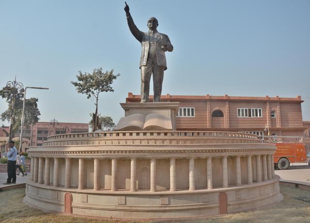 A life-size statue of Bhimrao Ambedkar and a replica of the Parliament stands at Town Hall square. (Sameer Sehgal/HT) A life-size statue of Bhimrao Ambedkar and a replica of the Parliament stands at Town Hall square. (Sameer Sehgal/HT)