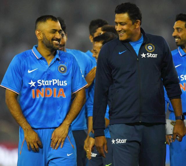 Mohali: Indian cricket team's captain MS Dhoni shares moment with coach Anil Kumble after India won the third ODI match against New Zealand in Mohali on Sunday. (PTI) Mohali: Indian cricket team's captain MS Dhoni shares moment with coach Anil Kumble after India won the third ODI match against New Zealand in Mohali on Sunday. (PTI)
