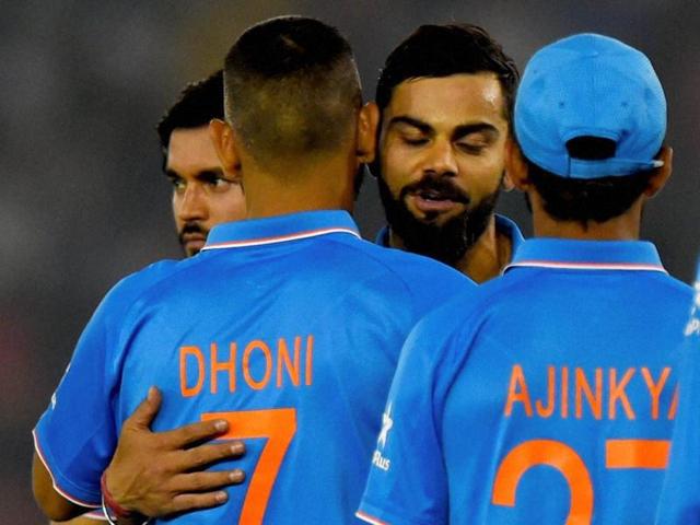 Kohli and Dhoni exchange a hug after India’s win. (PTI)