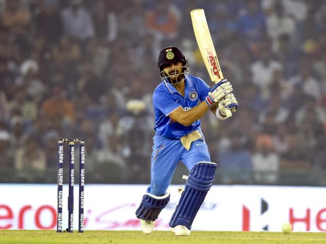 Virat hits a straight drive. (Keshav Singh/HT Photo)
