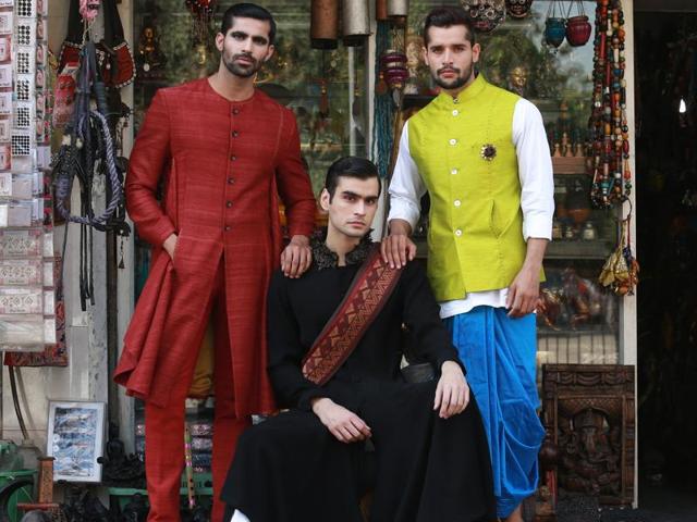 (L-R )Model Mayank Bajpai in Khanijo, model Sumit Singh in Shantanu & Nikhil, model Pradeep Kadyan in Mint Blush by Sahil, Aamir and Shazmeen(Amal KS/HT Photo)