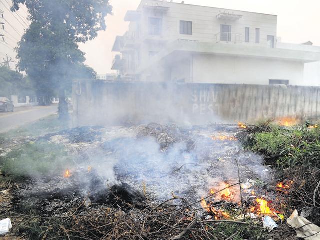 Waste being burnt in a vacant plot in Sector 40.(Parveen Kumar/HT) Waste being burnt in a vacant plot in Sector 40.(Parveen Kumar/HT)