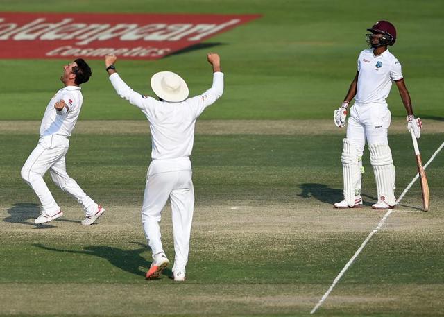 Yasir Shah of Pakistan celebrates dismissed Leon Johnson and Marlon Samuels on Monday. (Getty Images) Yasir Shah of Pakistan celebrates dismissed Leon Johnson and Marlon Samuels on Monday. (Getty Images)