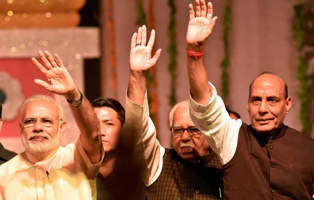 Prime Minister Narendra Modi with home minister Rajnath Singh and UP governor Ram Naik at Aishbagh Ram Leela in Lucknow, Uttar Pradesh. (PTI File Photo) Prime Minister Narendra Modi with home minister Rajnath Singh and UP governor Ram Naik at Aishbagh Ram Leela in Lucknow, Uttar Pradesh. (PTI File Photo)