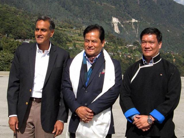 (L to R) US ambassador to India Richard Verma with chief ministers Assam Sarbananda Sonowal and Arunachal Pradesh Pema Khandu at Tawang in Arunachal Pradesh on Friday. (PTI) (L to R) US ambassador to India Richard Verma with chief ministers Assam Sarbananda Sonowal and Arunachal Pradesh Pema Khandu at Tawang in Arunachal Pradesh on Friday. (PTI)