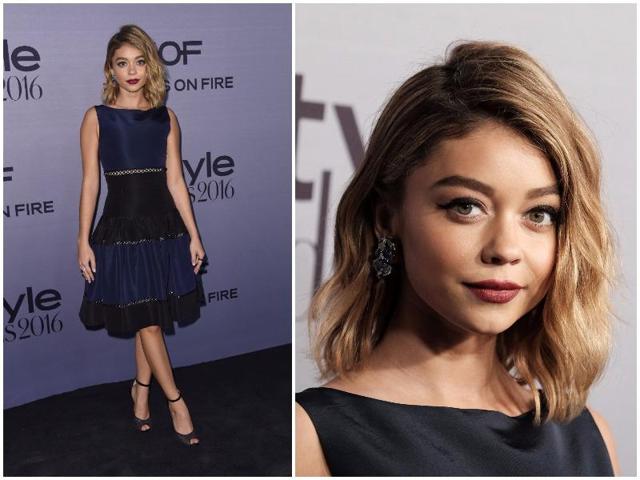 Modern Family star Sarah Hyland showed up at the awards wearing her hair in a wavy lob with amazing eyeliner and a mid night blue-black dress with matching studs. (AP) Modern Family star Sarah Hyland showed up at the awards wearing her hair in a wavy lob with amazing eyeliner and a mid night blue-black dress with matching studs. (AP)