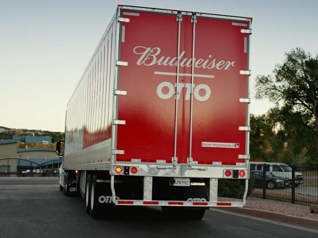 Otto’s self-driving truck drives on the I-25 highway from Denver to Colorado Springs.