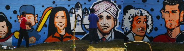The artists painted a wall of fame of Haryana with caricatures of Indo American astronaut Kalpana Chawla, actor Randeep Hooda, wrestler Sakshi Malik and Vijender Singh, cricketer Virender Sehwag, comedian Sunil Grover among others