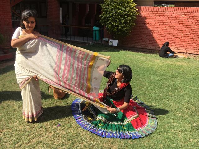 Girls posing during their break time in Gargi College. (Amal KS/HT Photo)