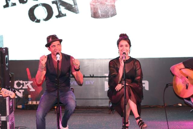Farhan Akhtar and Shraddha Kapoor during the trailer launch of Rock On 2. (IANS) Farhan Akhtar and Shraddha Kapoor during the trailer launch of Rock On 2. (IANS)