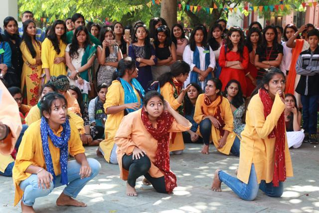 Students from LSR college staged a street play based on child trafficking during Diwali mela. (Mansa Saxena)