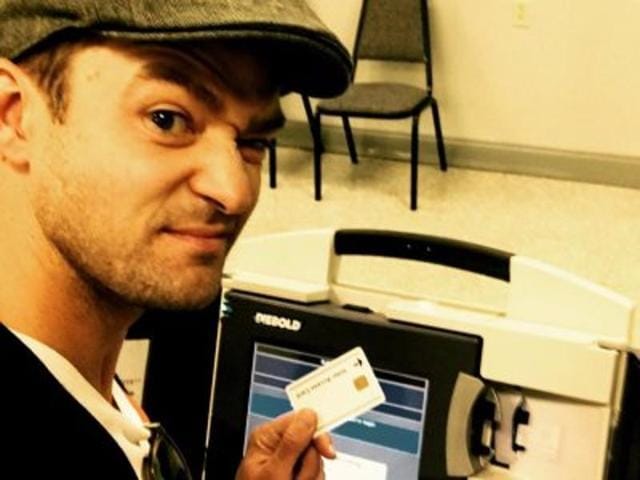 Justin Timberlake posted the photo on Monday and said in the caption he had traveled from Los Angeles to his hometown of Memphis to take part in early voting ahead of the November 8 election. (Twitter) Justin Timberlake posted the photo on Monday and said in the caption he had traveled from Los Angeles to his hometown of Memphis to take part in early voting ahead of the November 8 election. (Twitter)