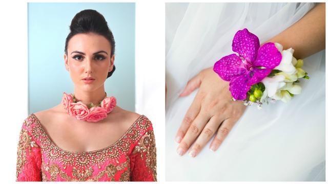 (L-R) Team your desi look with a floral necklace; A bracelet covered with oversized flowers. (Photo: Raajessh Kashyap; Styling: Shara Ashraf ) (L-R) Team your desi look with a floral necklace; A bracelet covered with oversized flowers. (Photo: Raajessh Kashyap; Styling: Shara Ashraf )