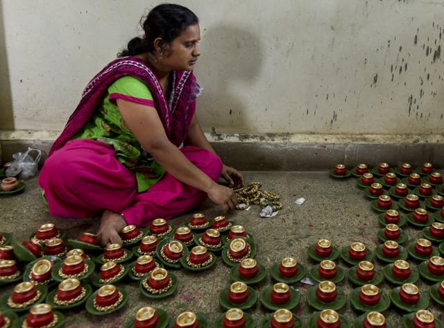 Rajani Dalvi is sightless, but says she loves spending time at the workshop. (Kunal Patil/HT)