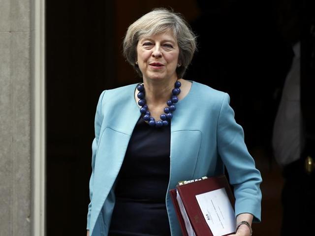 British Prime Minister Theresa May at a Diwali reception at 10 Downing Street in London on Monday.(PTI)
