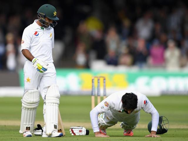 The push-ups were first performed by skipper Misbah-ul-Haq when he completed his century on the opening day of the first Test against England in July. (Getty Images) The push-ups were first performed by skipper Misbah-ul-Haq when he completed his century on the opening day of the first Test against England in July. (Getty Images)