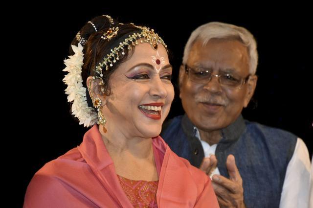Hema Malini reacts at the event. (PTI) Hema Malini reacts at the event. (PTI)