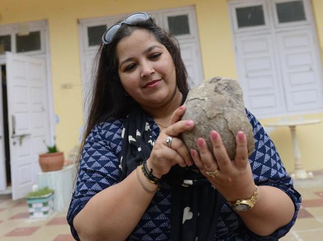 Aaliya Sultana Babi posing with fossilised dinosaur eggs at her palace in Balasinor.(AFP Photo)