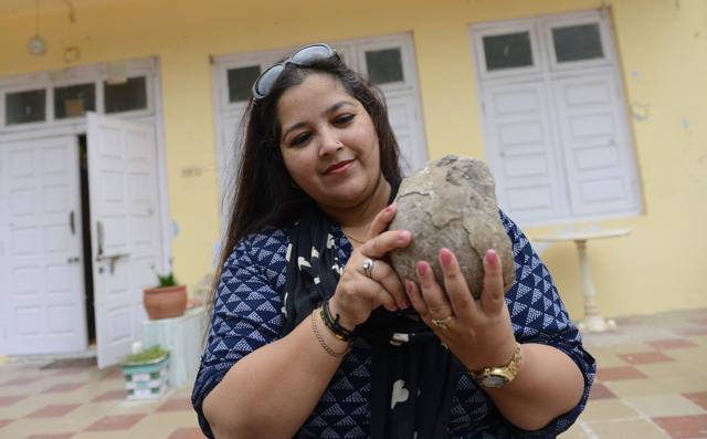 Aaliya Sultana Babi holding a fossilised dinosaur egg at her palace in Balasinor. (AFP Photo) Aaliya Sultana Babi holding a fossilised dinosaur egg at her palace in Balasinor. (AFP Photo)