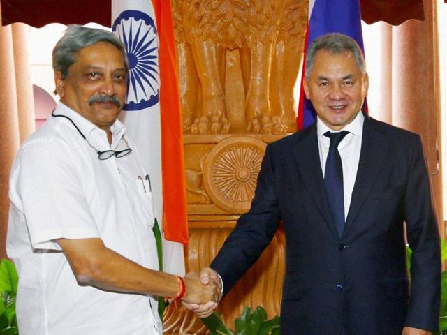 Union defence minister Manohar Parrikar with his Russian counterpart General Sergei Shoigu, at the 16th meeting of the India-Russia Intergovernmental Commission on Military-Technical Cooperation, in New Delhi. (PTI Photo) Union defence minister Manohar Parrikar with his Russian counterpart General Sergei Shoigu, at the 16th meeting of the India-Russia Intergovernmental Commission on Military-Technical Cooperation, in New Delhi. (PTI Photo)