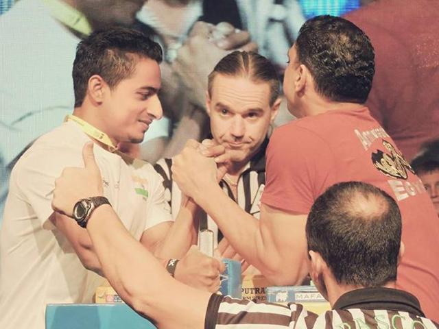 Para-arm wrestler Srimant Jha in action at the 19th World Para-Arm Wrestling Championship. Para-arm wrestler Srimant Jha in action at the 19th World Para-Arm Wrestling Championship.
