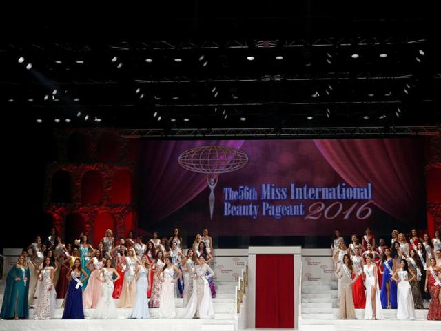 Contestants wearing evening dresses pose during the 56th Miss International Beauty Pageant in Tokyo, Japan. (REUTERS) Contestants wearing evening dresses pose during the 56th Miss International Beauty Pageant in Tokyo, Japan. (REUTERS)