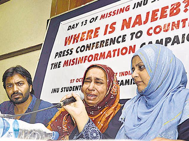 Najeeb Ahmad’s mother Fatima Nafees and sister Sadaf Musharraf at Press Club of India in New Delhi on Thursday. Najeeb Ahmad’s mother Fatima Nafees and sister Sadaf Musharraf at Press Club of India in New Delhi on Thursday.