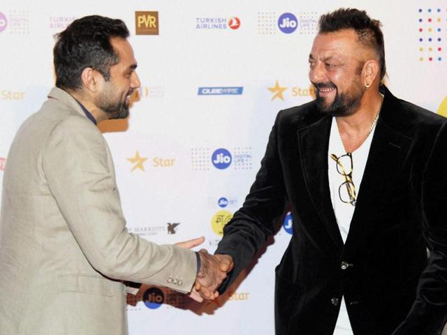 Bollywood actors Abhay Deol and Sanjay Dutt during the closing ceremony of MAMI film festival in Mumbai. (PTI Photo)