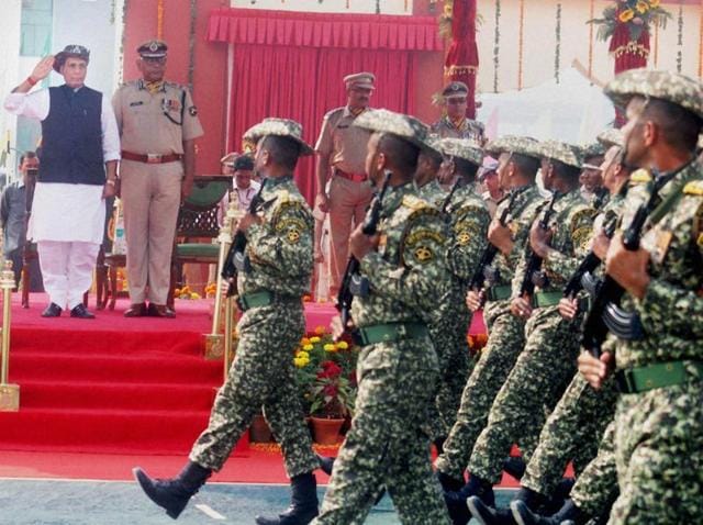 Union home minister Rajnath Singh takes salute at the 55th Raising Day Parade of the force in Greater Noida. (PTI Photo) Union home minister Rajnath Singh takes salute at the 55th Raising Day Parade of the force in Greater Noida. (PTI Photo)