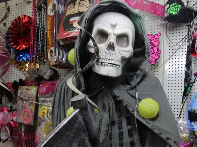 The electronic skeleton with Halloween lights is for Rs 8000. (Prabhas Roy/HT Photo) 